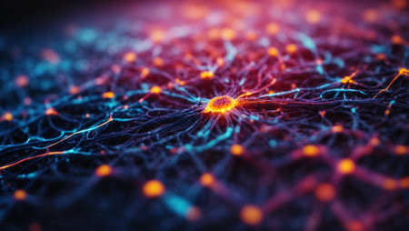 Artificial intelligence or nerve cell concept background. Macro shot of synapses, electrical signals between neurons of brain. Generative AIの素材