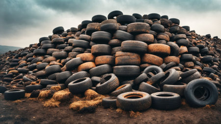 Industrial landfill for the processing of waste tires and rubber tyres. Pile of old tires and wheels for rubber recycling. Generative AIの素材