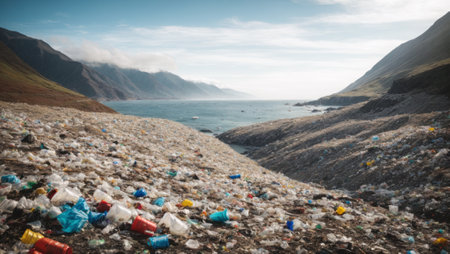 mountains of plastic garbage on the ocean, water pollution. Generative AIの素材