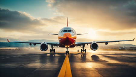 Sunset view of airplane on airport runway under dramatic sky. Front view of a modern large civil plane. Generative AIの素材