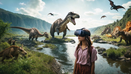 Girl using the virtual reality headset in a prehistoric world around dinosaurs. Game technology concept. Generative AIの素材