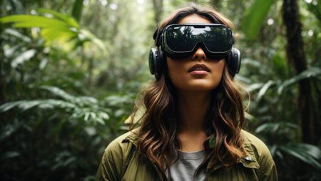 Young woman using the virtual reality headset in the forest. Game technology concept. Generative AIの素材