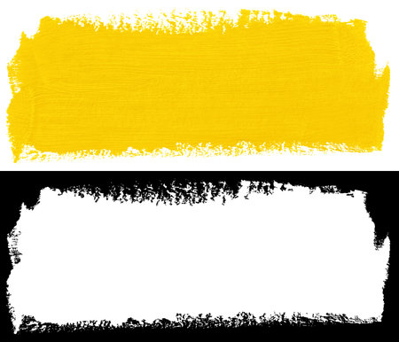 Yellow stroke of paint brush texture isolated on white background with clipping mask (alpha channel) for quick isolation.の写真素材