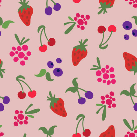 Hand drawn seamless pattern with berries. Doodle style strawberry, raspberry, blueberry, buckhorn, cherry. Cute and modern vector backgroundのイラスト素材