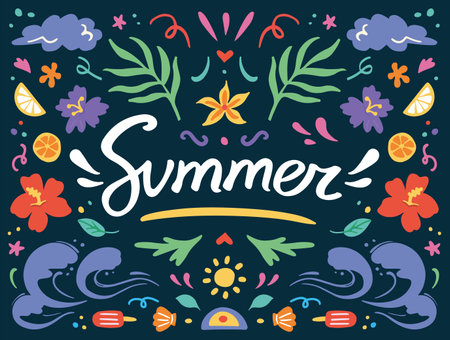 Summer hand drawn illustration with typography. Summer season postcard with palm leaf, waves, hibiscus, citrus. Vector templates for card, poster, flyer, bannerのイラスト素材