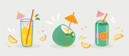 Summer cocktails vector illustration set. Hand drawn coconut cocktails, lemonade, soda can. Lemon, straw, umbrella and bubbles in riceprint style.のイラスト素材