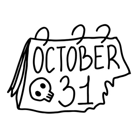 Hand drawn design of 31 october calendar page with skull picture in doodle styleのイラスト素材