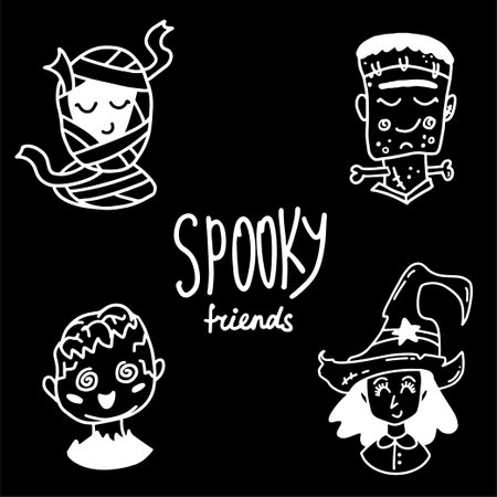 Halloween character set. Cute mummy, frankenstein, zombie and witchのイラスト素材