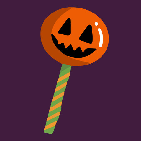 Hand drawn cartoon design of orange lollipop with spooky face in doodle style. Halloween isolated illustration of sweetsのイラスト素材