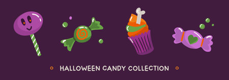 Colorful collection of hand drawn candies in cartoon style. traditional halloween elementsのイラスト素材