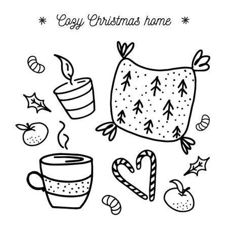 Hand drawn outline set of christmas home accessories. Festive pillow, scented candle, cocoa mug in doodle styleのイラスト素材