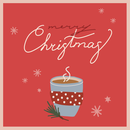 Christmas and new year card with cacao mug. Illustration with merry christmas lettering.のイラスト素材