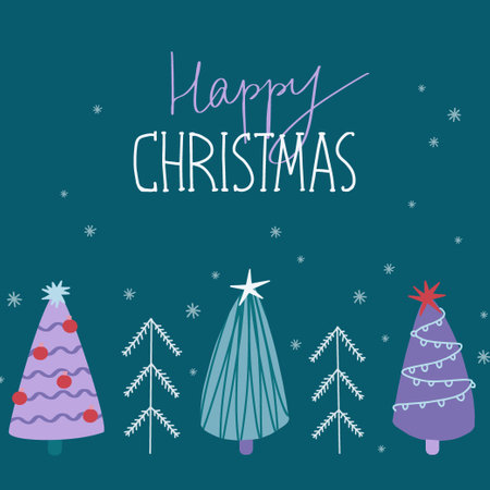 Christmas and new year card with christmas trees. illustration with happy christmas letteringのイラスト素材