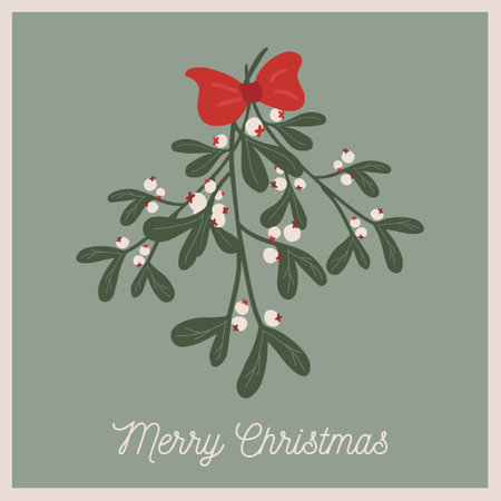 Christmas and new year card with mistletoe bouquet and red bowのイラスト素材