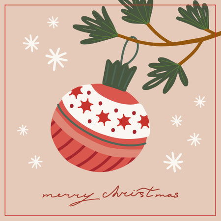 Vector christmas and new year card christmas ball snowflakes new year symbols. Illustration with merry christmas lettering.のイラスト素材