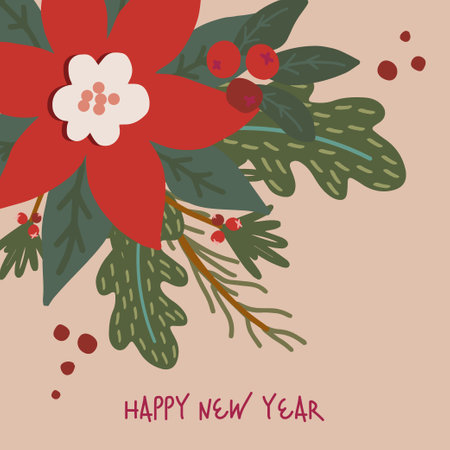 Vector christmas and new year card poinsettia holly fir branch new year symbolsのイラスト素材