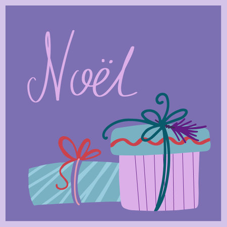 Christmas and new year card with noel lettering. Illustration of gift boxesのイラスト素材