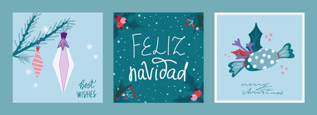 Trendy set of christmas and new year cards with hand drawn illustrations of christmas symbolsのイラスト素材