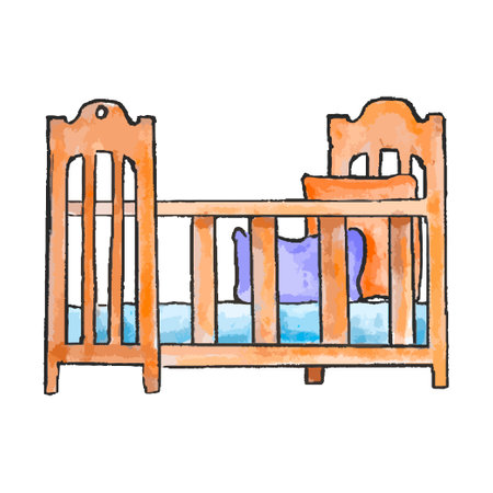 Hand-drawn watercolor illustration of infant bed cot. Baby crib with pillow for child in doodle style.のイラスト素材