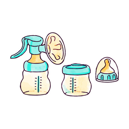 Hand-drawn set of breast pump and pacifier in doodle style. Watercolor illustration of baby feeding equipment.のイラスト素材
