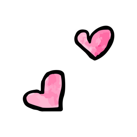 Hand-drawn watercolor art of cute pink hearts in black outline.のイラスト素材