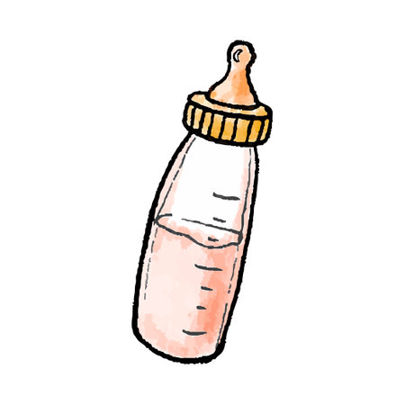 Hand-drawn watercolor illustration of pink baby bottle. Sippy cup with milk in doodle style.のイラスト素材