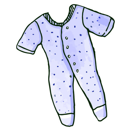 Cute hand-drawn watercolor design of babygrow with snap fasteners. Baby one-pieces sleepsuit isolated in doodle style.のイラスト素材