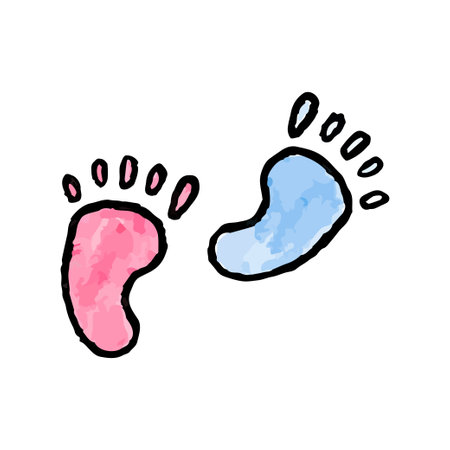 Baby's footprints hand-drawn watercolor art. Pink and blue traces of children's legs in doodle style.のイラスト素材