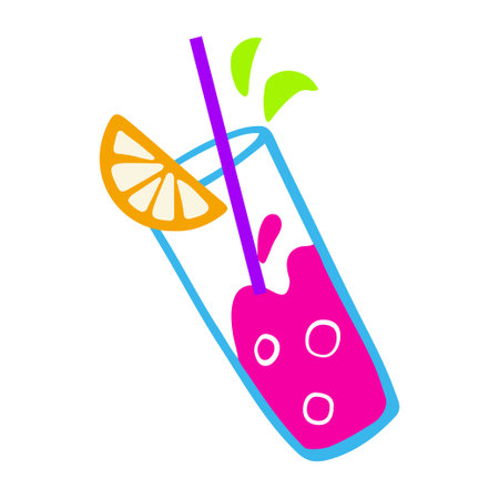 Hand-drawn vivid glass of cocktail vector isolated clipart. Cocktail with lemon, straw and bubbles in doodle styleのイラスト素材