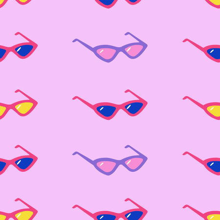 Seamless vivid pattern with blue, yellow, lilac sunglasses on pink background. Hand drawn minimalism vector illustration for summer stylish cover, cases, tropical wallpaper, prints, wrapping, textileのイラスト素材