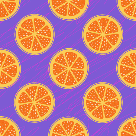 Acid violet seamless pattern with orange slice. Hippie psychedelic citrus texture. Scratched texture vector design. Great for textile, fabric, stationery, wallpapers and wrappingのイラスト素材