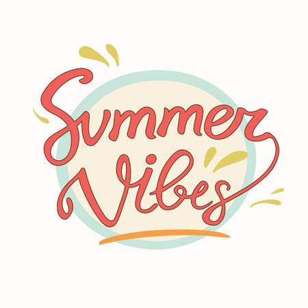 Summer vibes groovy lettering. Positive hippie doodle typography sticker for summer inspiration print. 70s retro poster with summertime phrase.のイラスト素材