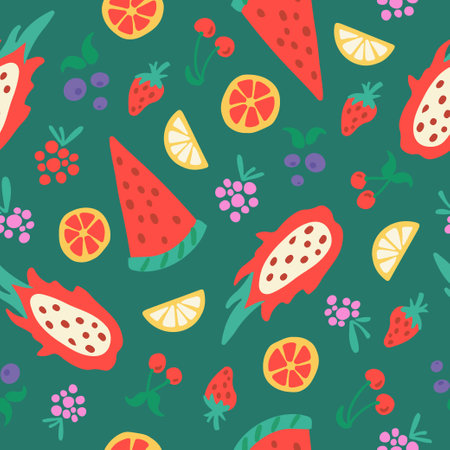 Seamless pattern with colorful fruits and berries on green background. Hand drawn juicy raspberry, blueberry, cherry, strawberry, watermelon, dragon fruit repeated textureのイラスト素材