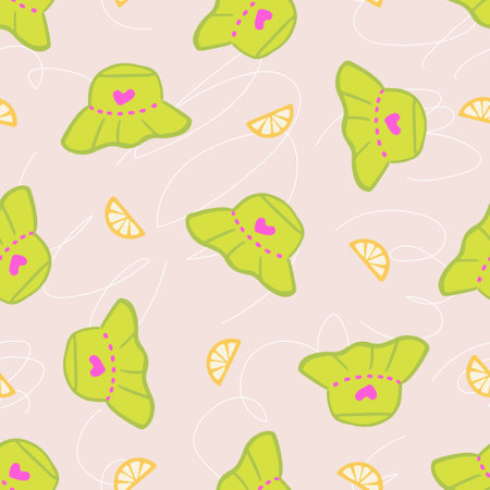 Trendy groovy seamless pattern with green panama and lemons. Retro hippie summer hat scratched texture. Great for textile, fabric, stationery, wallpapers and wrappingのイラスト素材