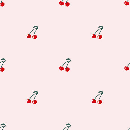 Simple seamless pattern with cherry on pastel background. Hand drawn retro y2k vector illustration for summer stylish cover, cases, wallpaper, prints, wrapping, textileのイラスト素材