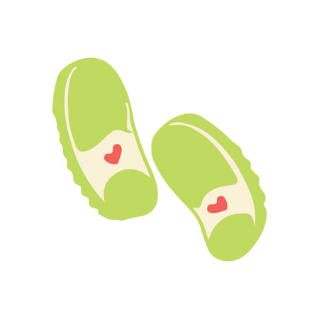 Green slippers with heart illustration. Summer sliders isolated vector clipartのイラスト素材