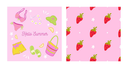 Summer colorful collection. Hand drawn vector summer items set. Bikini, panama, shorts, beaded...