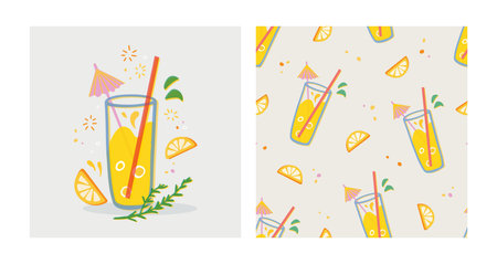 Summer cocktails collection. Hand drawn lemonade vector set in risoprint style. Colorful seamless...