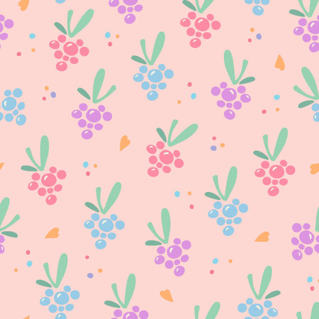 Hand drawn seamless pattern with berries. Doodle style strawberry, raspberry, blueberry, buckhorn,...