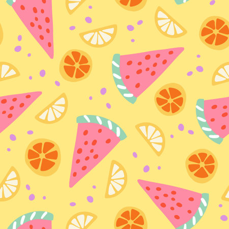 Fruit vector seamless pattern. Cute doodle background with hand drawn lemon and orange. Slice of...