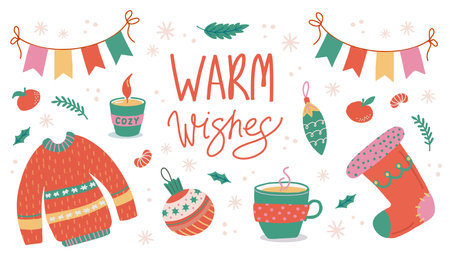 Merry Christmas and New Year elements set. Warm wishes lettering. Hand drawn vector isolated stickers. Sweater, candle, stocking, flags, mug, tree toys. Good for cards, prints, postersのイラスト素材