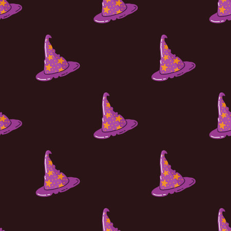 Simple seamless pattern with witch hat. Halloween trendy concept. Hand drawn vector illustration for cover, stationary, wallpaper, prints, wrapping, textileのイラスト素材
