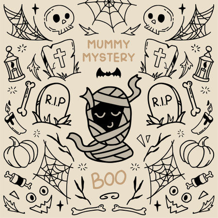 Halloween vintage vector illustration with cute mummy, grave and skull. Symmetrical style graphic. Perfect for a social media post, prints, poster, cover or postcardのイラスト素材