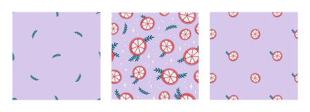 Vector seamless pattern set with orange slices, branches, sparkles on lilac background. Merry...