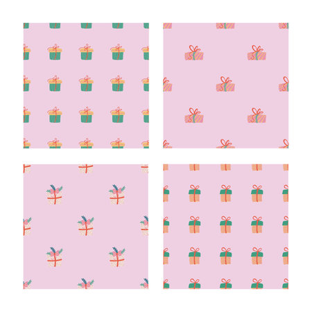 Christmas gifts simple seamless pattern set. Festive trendy decorative gift boxes. Hand drawn modern vector textureのイラスト素材
