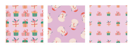 Christmas gifts seamless pattern set. Festive trendy decorative gift boxes. Hand drawn modern vector...