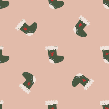 Simple christmas green sock seamless pattern. Christmas and New Year concept. Hand drawn beige vector texture for wallpaper, prints, wrapping, textileのイラスト素材