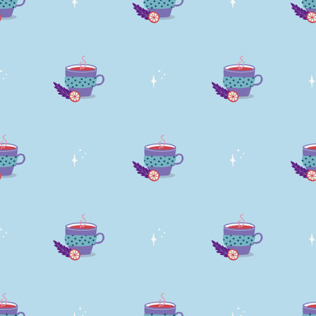Cup of mulled wine seamless pattern. Christmas and New Year concept. Hand drawn lilac vector texture for wallpaper, prints, wrapping, textileのイラスト素材