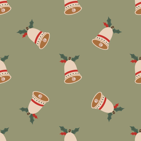 Christmas bells with leaves seamless pattern. Christmas and New Year concept. Hand drawn retro vintage vector texture for wallpaper, prints, wrapping, textileのイラスト素材
