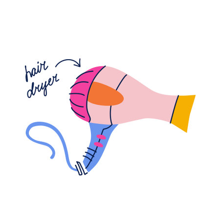 Hair dryer vector isolated clipart. Tool for hairdressers and pet groomers in flat trendy style. Blow dryer sticker with handwritten typographyのイラスト素材